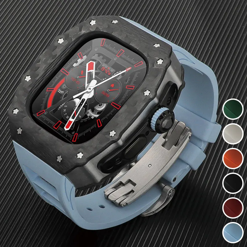 Carbon fiber titanium metal case luxury modification kit rubber strap compatible for Apple Watch Ultra 3 2 1 49mm Accessories