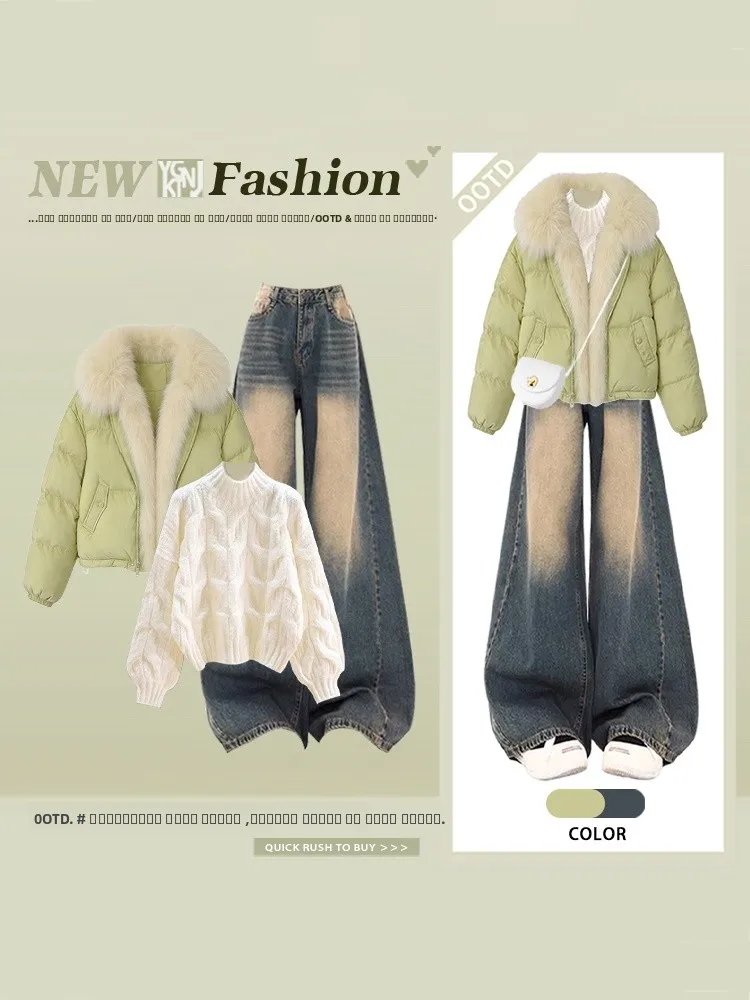 

Warm Cotton Jaet Sweater Wide Leg Jeans Tee Piece Set Deep Winter Lazy Sle een Color Big Fur Collar Women's Faion
