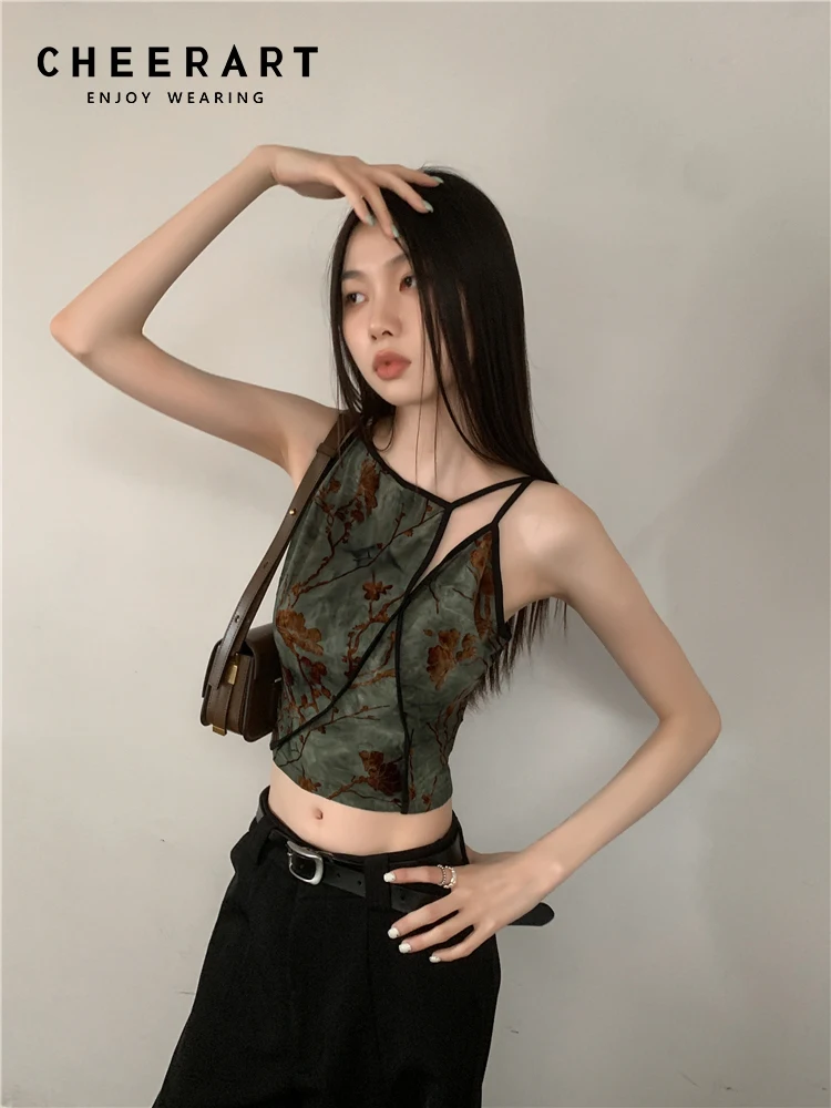 CHEERART Flocking Floral Vintage Crop Cami Top For Women 2024 Sleeveless Flower Green Tops Designer Clothes Luxury