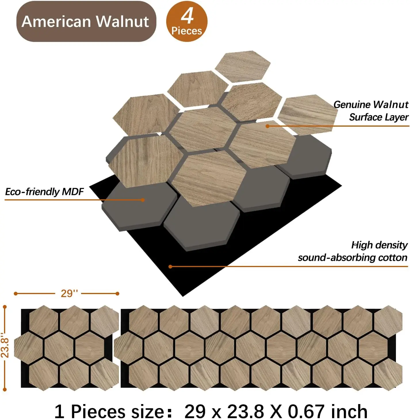 4 Paneles Acústicos Hexagonales de Madera - Chapa de Nogal Natural, 23.8"x29" Cada Uno