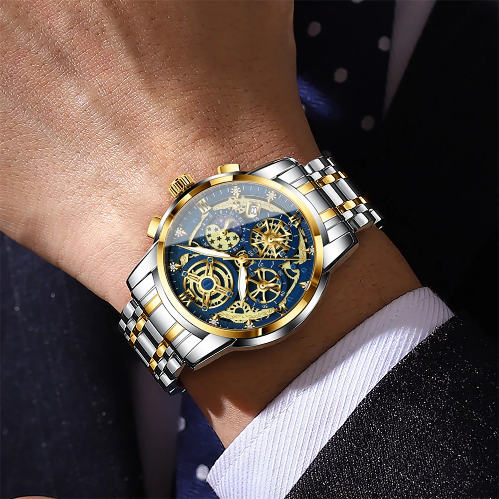 BINBOND ساعات فاخرة للرجال تاريخ كرونوغراف الفولاذ المقاوم للصدأ رجل ساعة مقاوم للماء مضيئة الرياضة العسكرية ساعة كوارتز رجالية #5