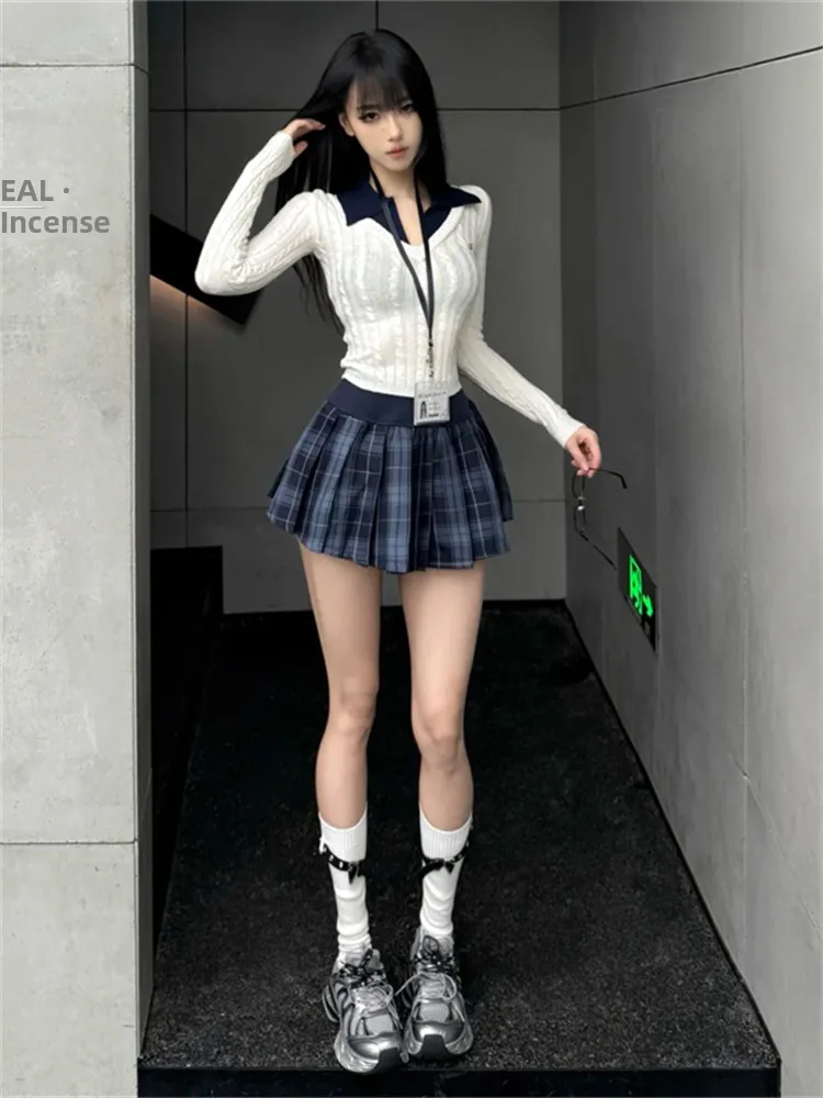 

Preppy Style Knitted Set Women's Color Block Long Sleeve T-Shirt And Skirt Two Piece Autumn New Slimming High Waist Skirt