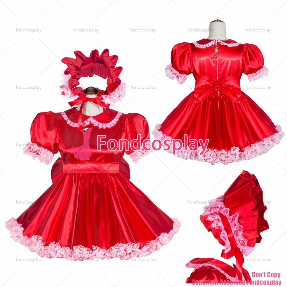 fondcosplay adult sexy cross dressing sissy maid French Lockable Red satin Dress headpiece Peter Pan collar CD/TV[G4042]