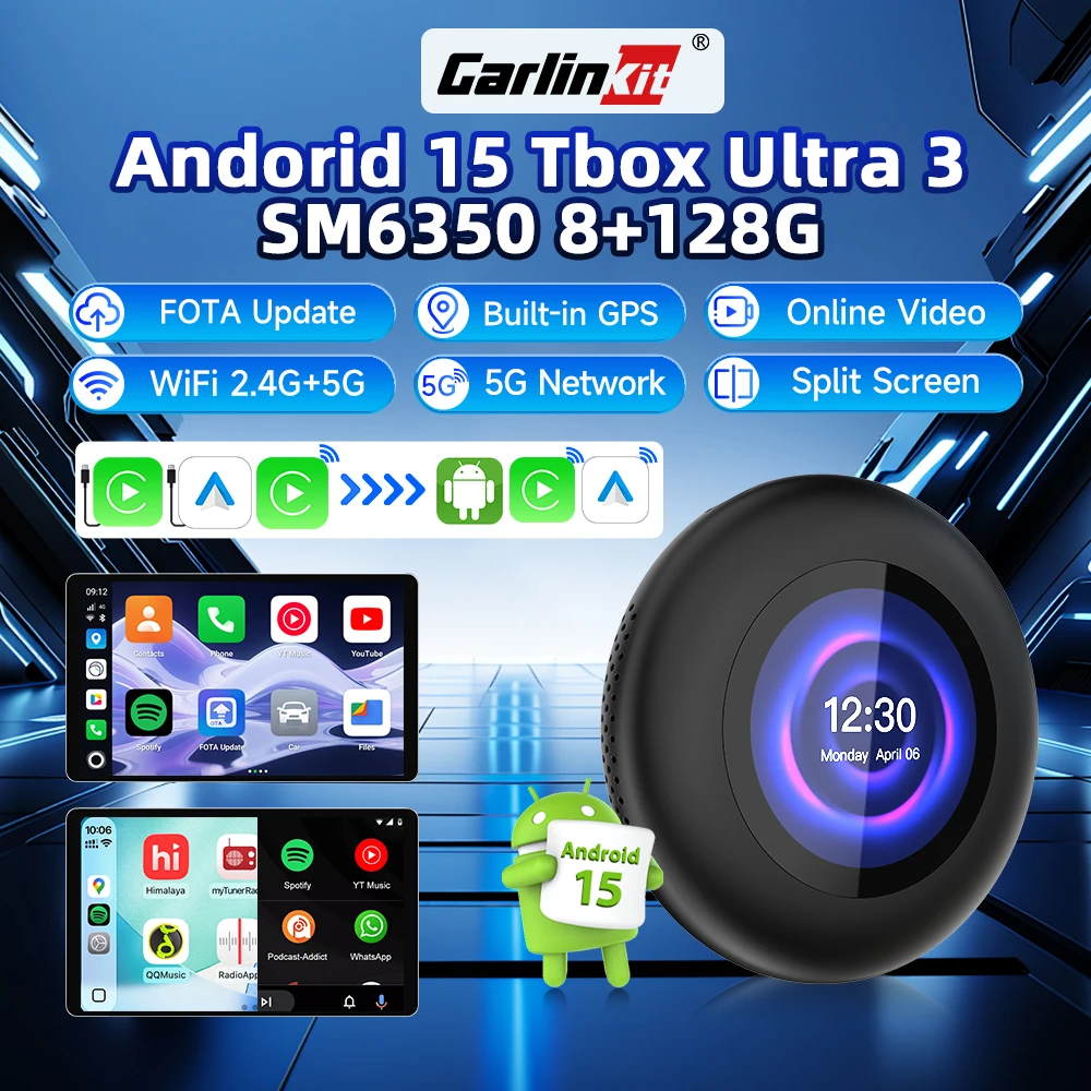 Carlinkit 2026 Android 15 Inalámbrico CarPlay Android Auto Ai Box Adaptador de Video 5G LTE Compatible con BMW YouTube/Netflix Tarjeta TF/SD/SIM