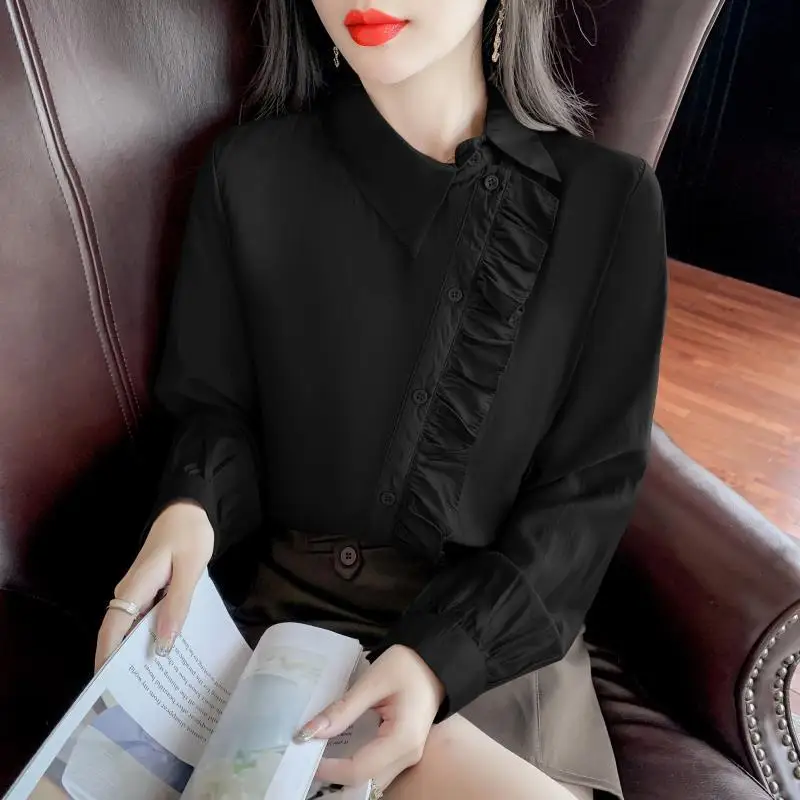 Elegant Fashion Ruffles Irregular Women Shirt 2024 Spring New Office Lady Chic All-match Lapel Long Sleeve Button Blouses Female