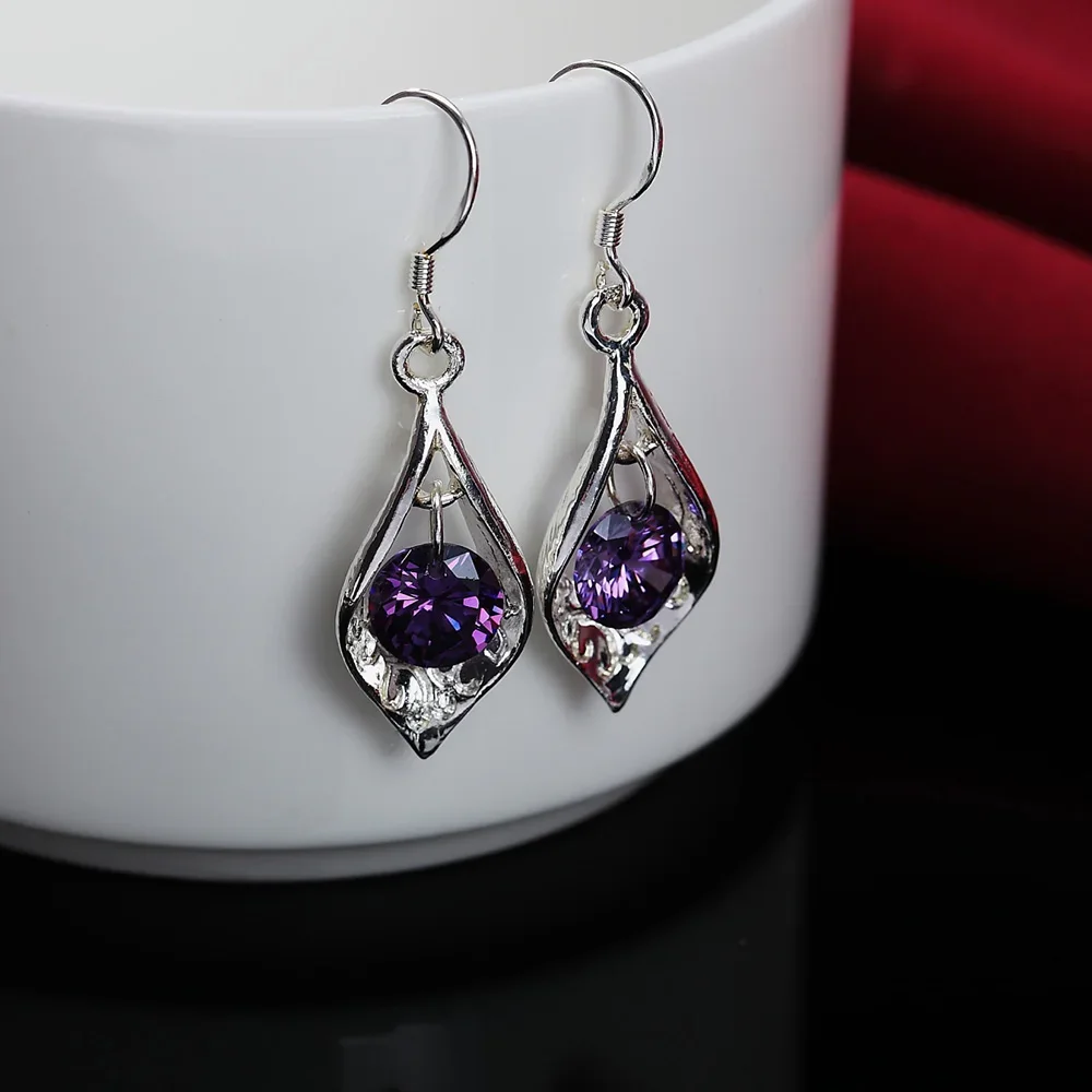 Boucles d'Oreilles en Argent Sterling 925 et Clip Violet pour Femme, Jolies Breloques de Luxe, Cadeau de Fiançailles et de Mariage