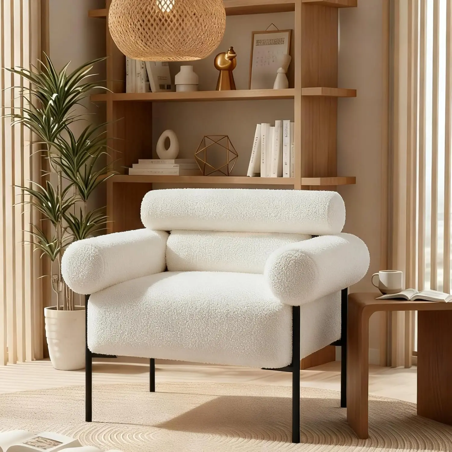 

Boucle Accent Chair Sherpa Upholstered Mid-Century Channel Tufted Oversized Living Room Bedroom Office White Customized