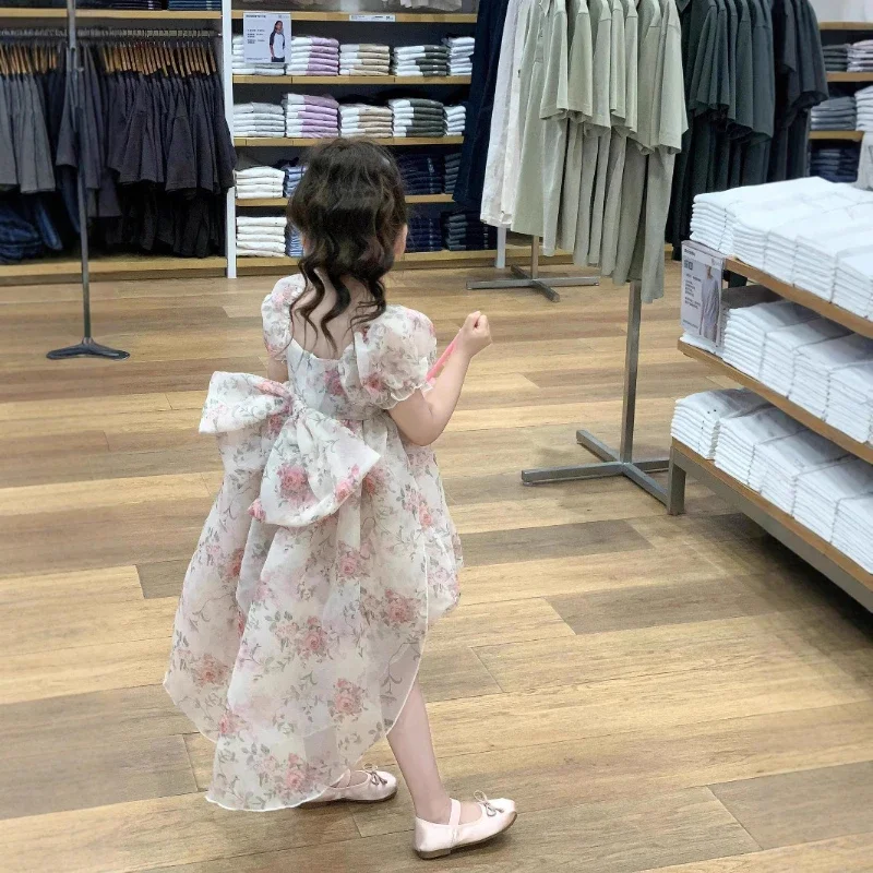 

Girls' Summer Princess Floral Big Bow Trailing Bubble Short Sleeve Dress Birthday Party Fluffy Skirt