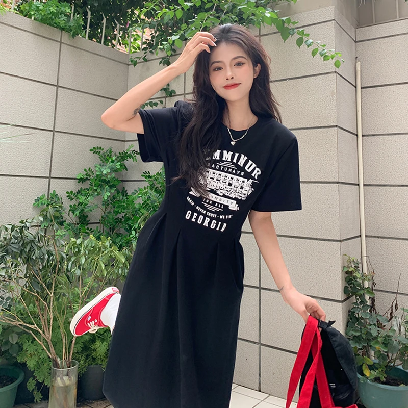 Women's Vintage Letter Waist Dress 2023 New Summer Print Slim Long T-Shirt Dress Female Korean High Waist Elegant Pullover Dress