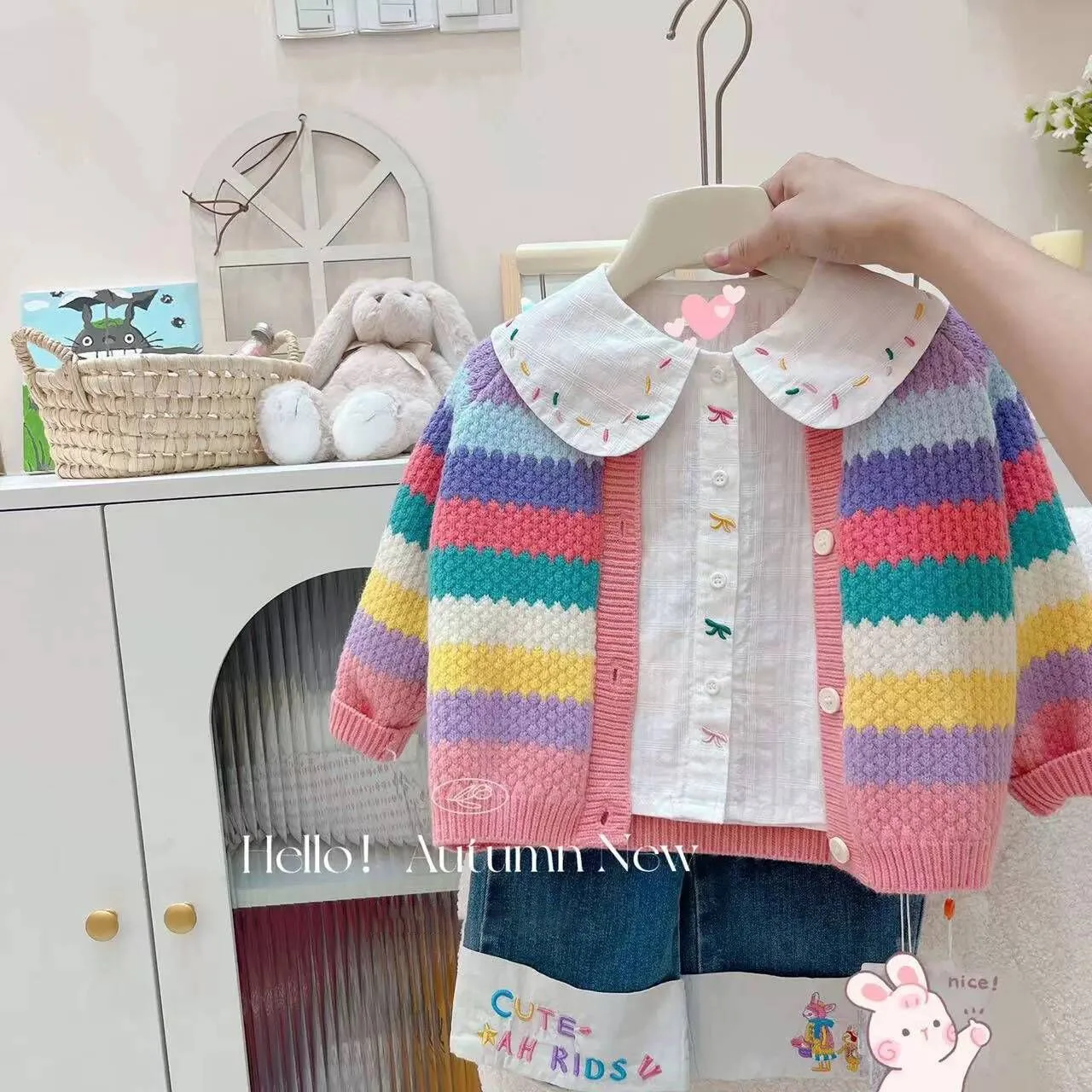 

Girls Cardigan Sweater Jacket Colorful Stripes Spring Autumn Outfit Princess Suits Children Baby Kids Coat