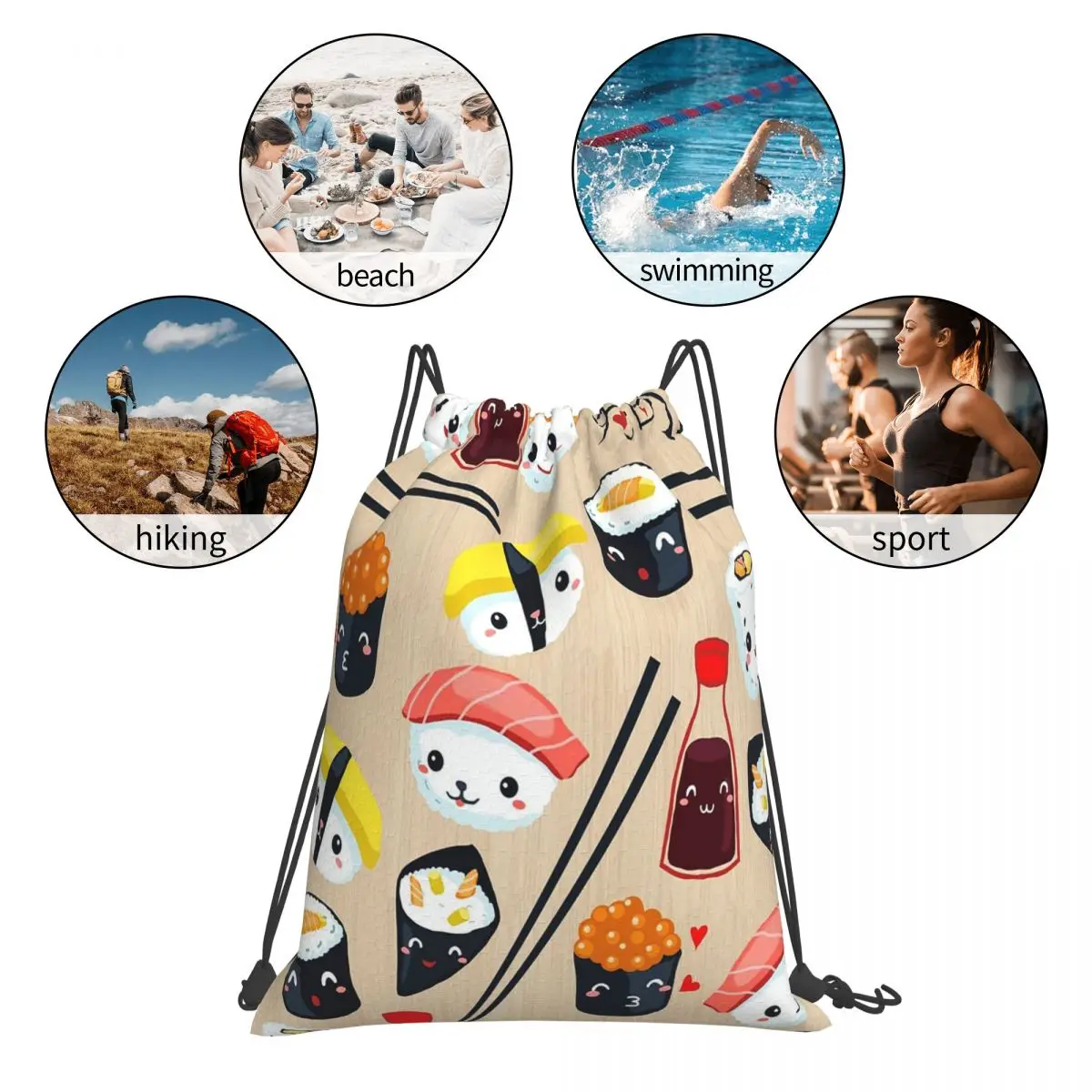 Kawaii Sushi Backpacks Casual Portable Drawstring Bags Drawstring Bundle Pocket Storage Bag Book Bags For Man Woman Students