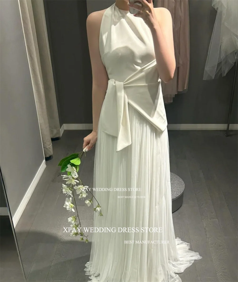 XPAY Modern O Neck Korea Wedding Dresses Satin Tulle Bridal Party Gown Backless Sleeveless Customised Custom Size Bride Dress