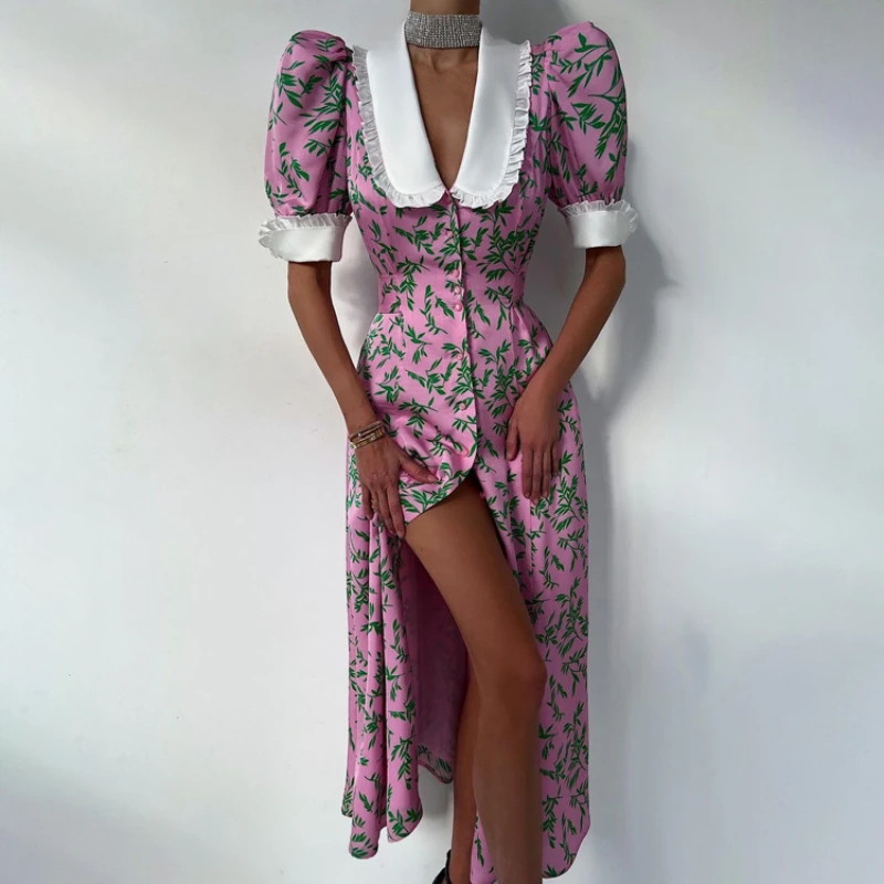2025 Summer New Women V Neck Puff Short Sleeve Floral Pattern Long Dress , Woman High Waisted Ruffles Flower Printed Dresses