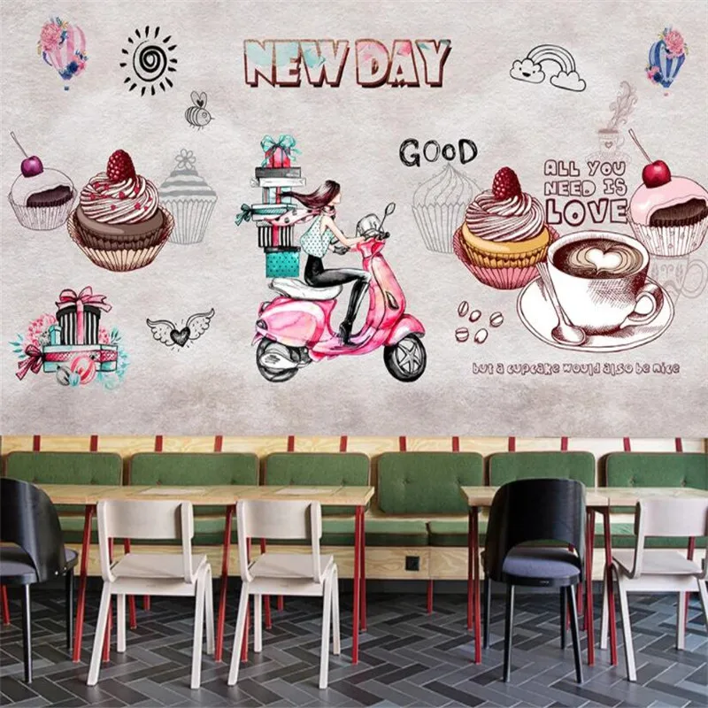 Custom Watercolor 3D Fashion Coffee Dessert House Cupcakes Background Wall Paper Murals Cake Shop Industrial Decor Wallpaper 3D