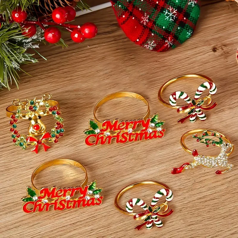 1PC Christmas Napkin Rings Gold Deer Napkin Ring Holders Wreath Xmas Tree Napkin Buckle for Holiday Party Dining Table Decor