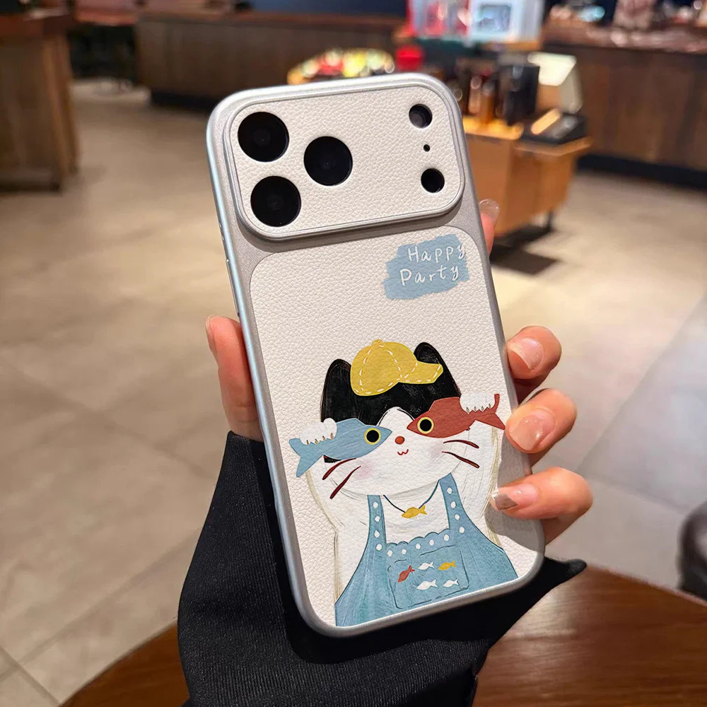 Aesthetic Cute Cat Fish Phone Case For 17 18 Pro Max For iPhone 16 14 15 12 11 13 Pro Max Full Protection Leather Texture Phone