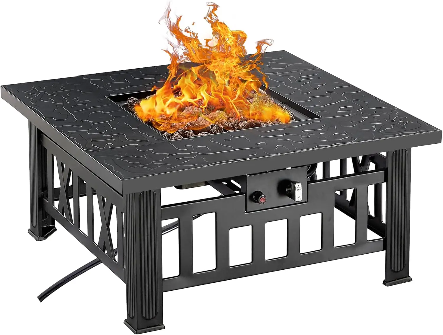 Outdoor Patio, Backyard, Party Use, Steel, Adjustable Flame, 50,000 BTU 30 Inch Square Propane Fire Pit with Lid and Lava Rock