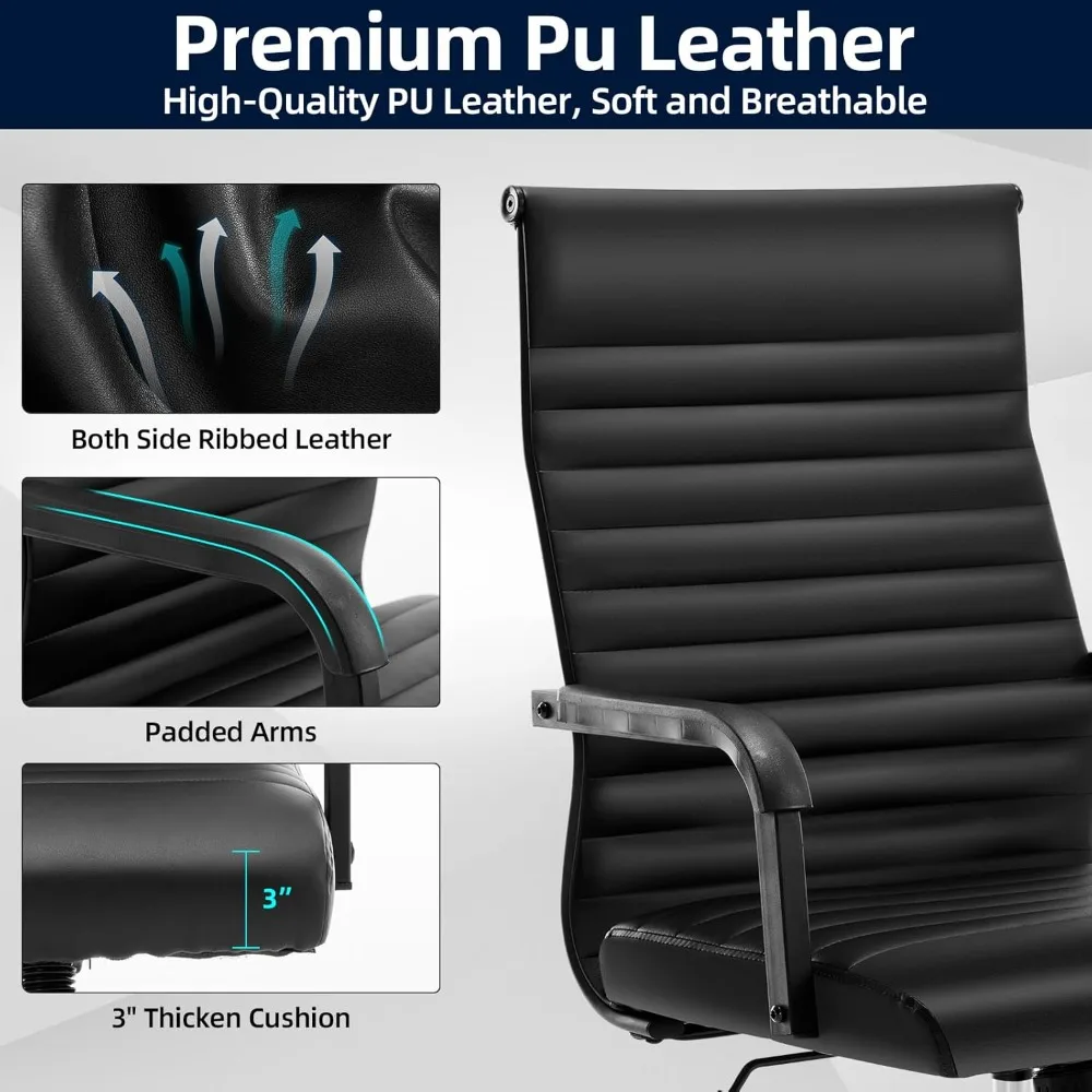 人間工学に基づいたエグゼクティブ会議室用チェア、リブ付きレザーデスクチェア（ランバーサポート付き）、高さ調節可能なミッドタイプ