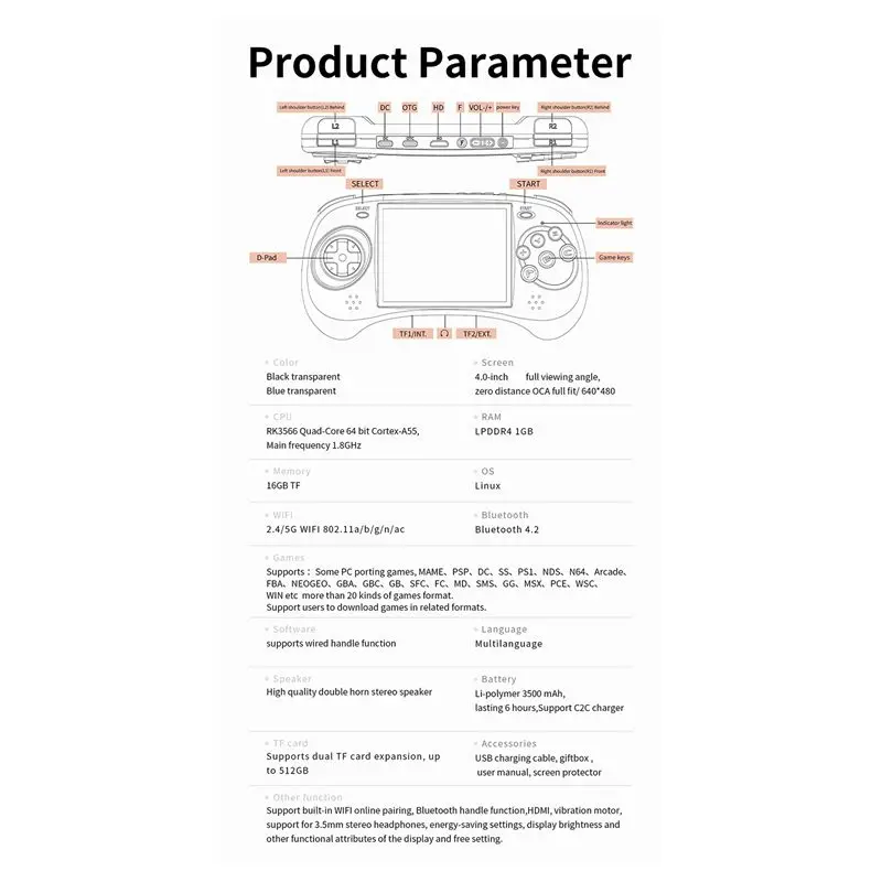 DL-RG ARC-S وحدة تحكم بجهاز لعب محمول 4 بوصة IPS Linux OS تصميم ستة أزرار مشغلات فيديو ريترو دعم مقبض سلكي سهل الاستخدام