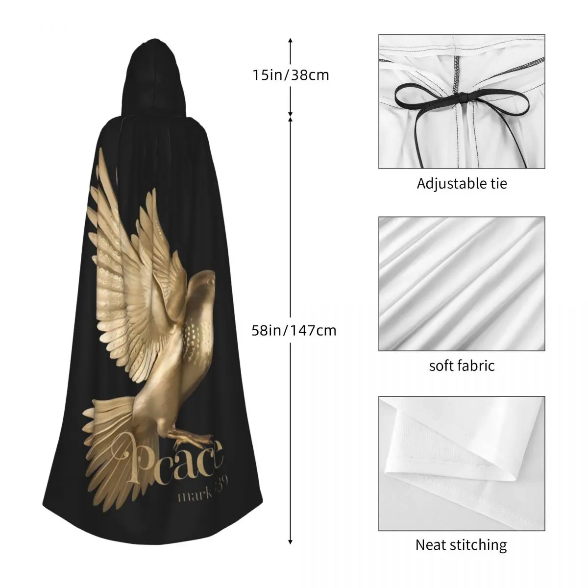 Paz ouro pomba voadora longa capa com capuz bruxa traje medieval cosplay capa halloweencoat adulto unisex