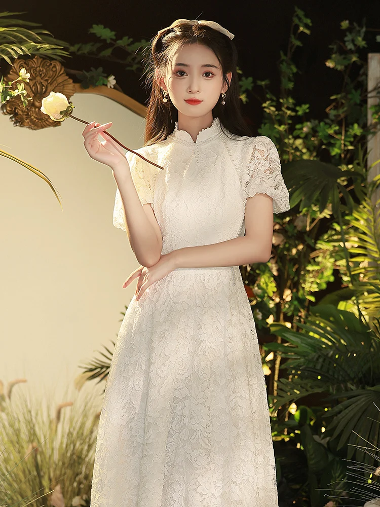 

White Engagement Dinner Evening Gown Luxury Retro Registration New Chinese Style Bride Serving Dress High-End Sensation