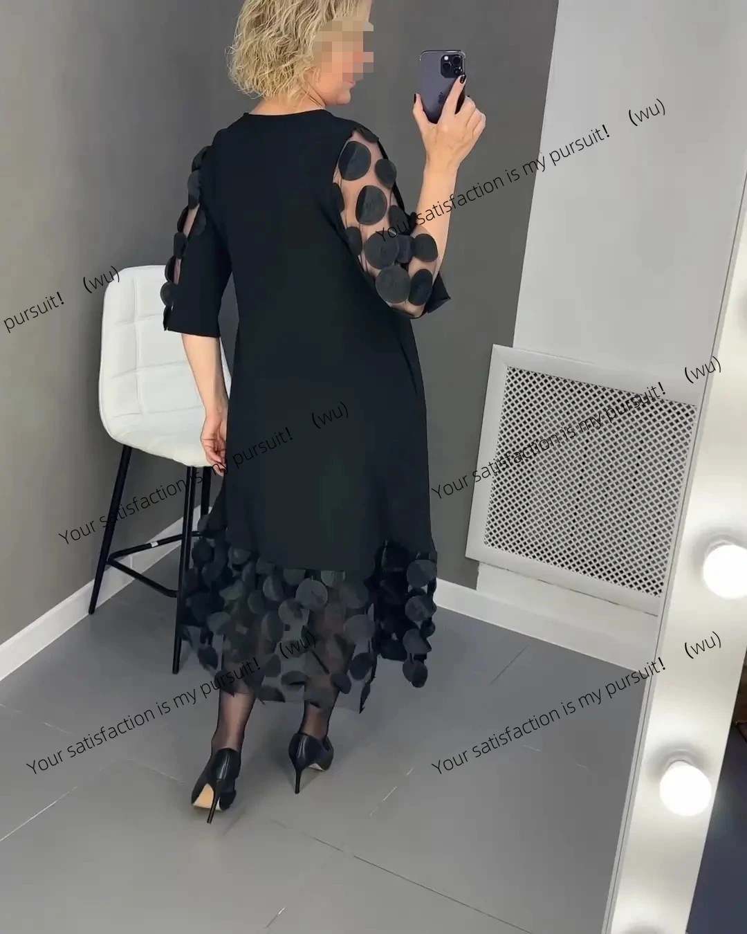 

ZOCI-2025 Women's Large Size Flared Sleeve Dress, Black Long Crew Neck Perspective Point Dress, Loose Version