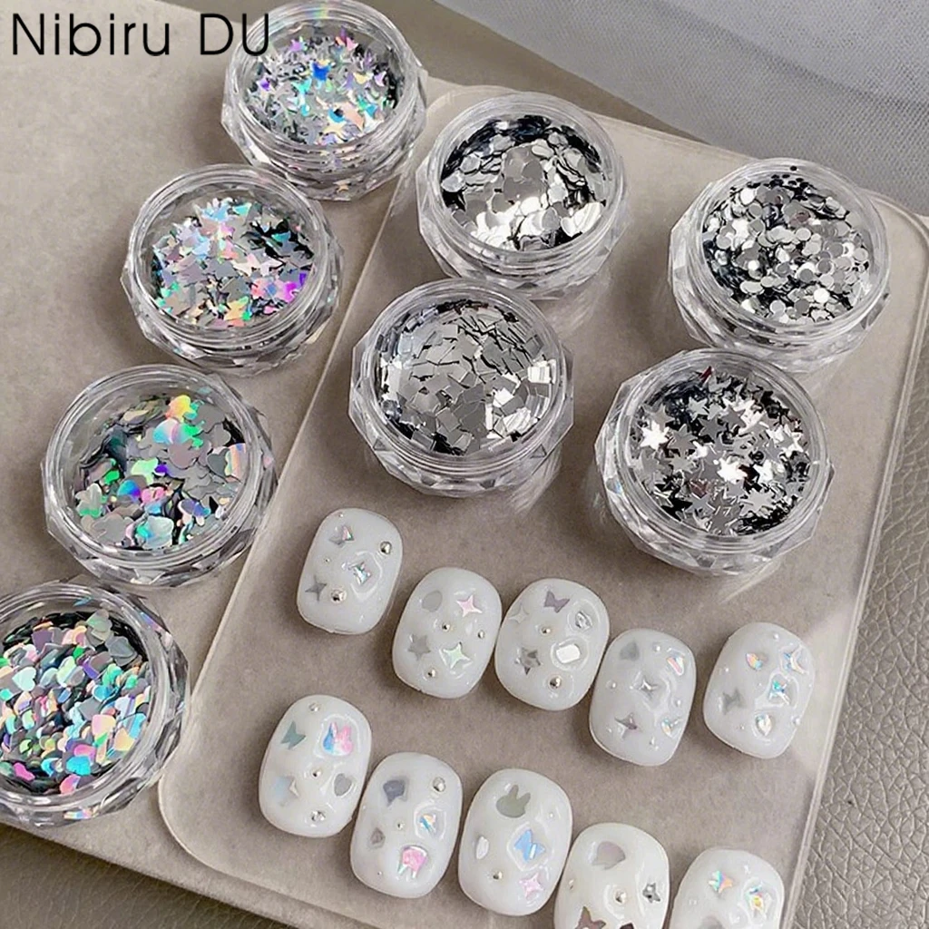 

Butterfly Laser Glitter Nail Art Flake Star Heart Rabbit Silvery Black Nails Seqiuns Korean DIY Manicure Decoration Accessories