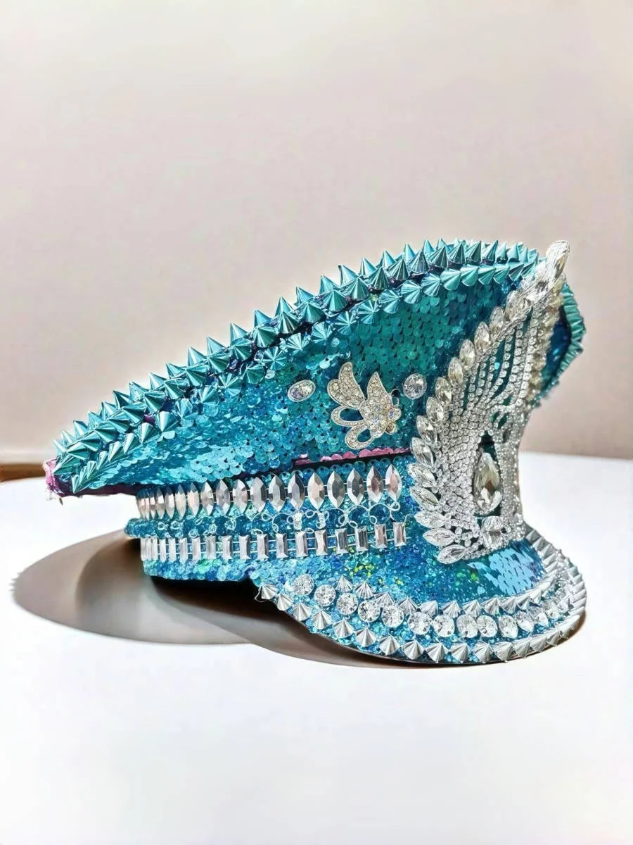 ホンルアン イエローレーザーレザーループキャプテンハット ラインストーン＆ミリタリーキャップ 女性用、レイブフェスティバルアクセサリー＆パーティーキャップ男性用