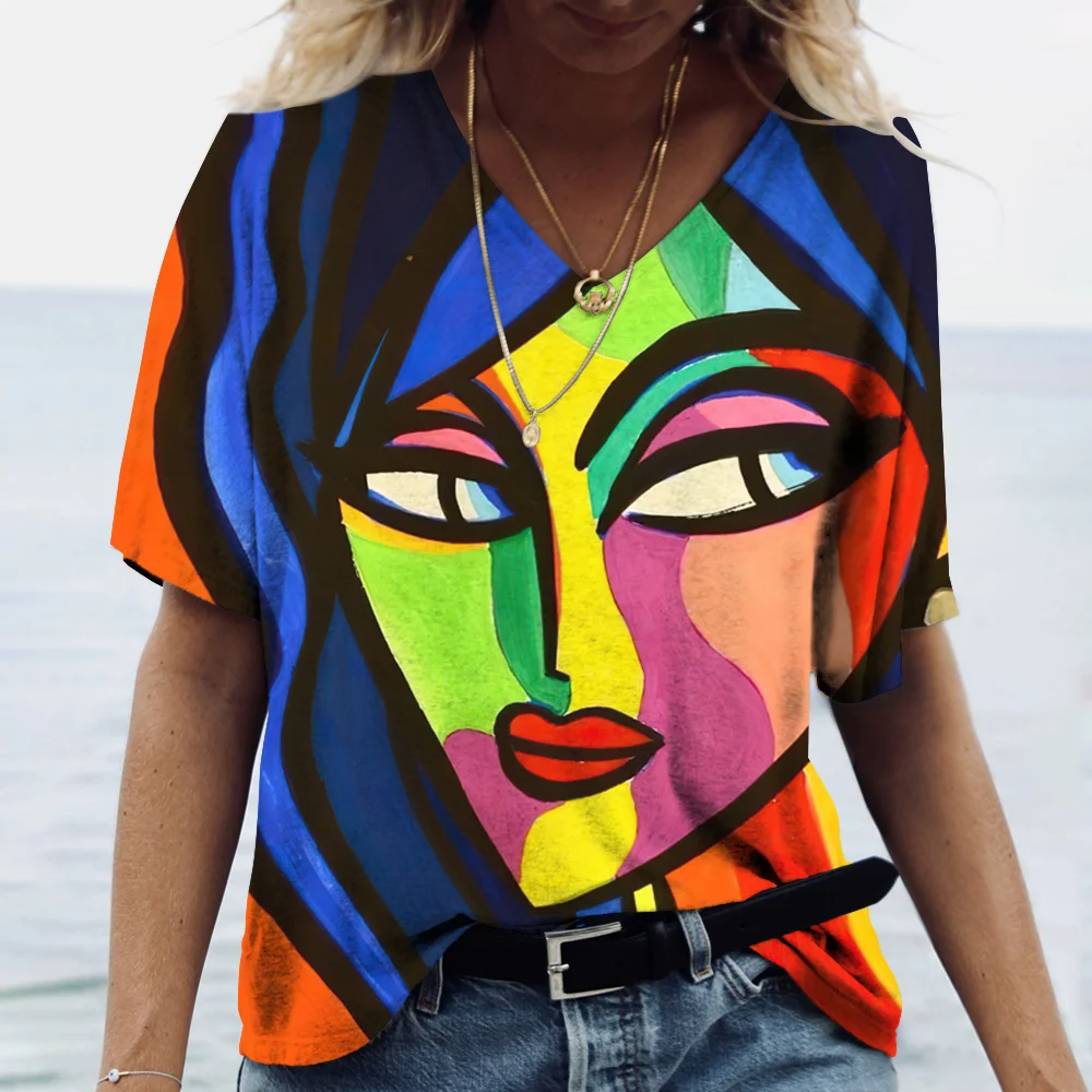 Vintage Women\'s T-shirt V-neck Fashion Top Abstract Face Print Street Style Oversized Shirt Everyday Casual Short Sleeve T-shirt