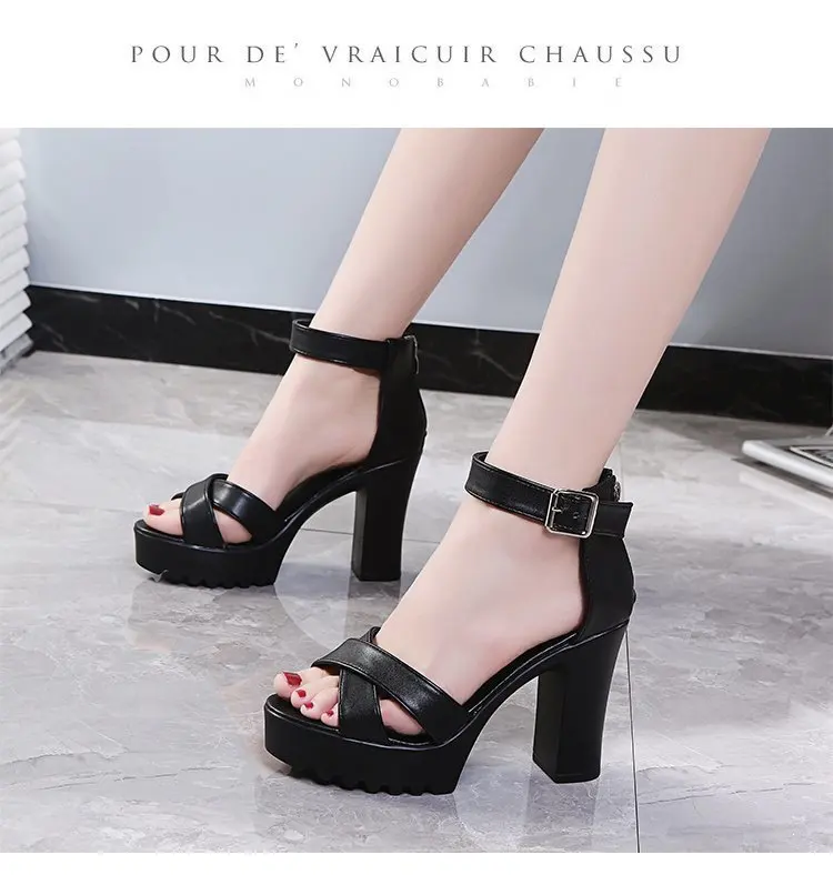 Lady One-line Buckle High Heel Fashion Sandals Women 2023 Summer Open Toe Platform Thick Heel Gladiator Fish Mouth Women\'s Shoes