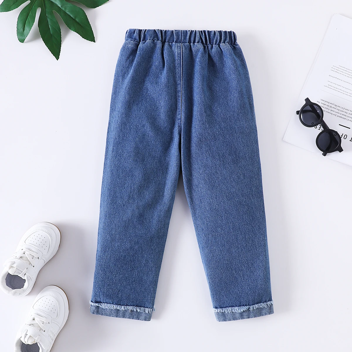 Kids Vintage Washed Denim Jeans with Rips Elastic Waist Comfortable Stretchy Long Pants for Boys And Girls