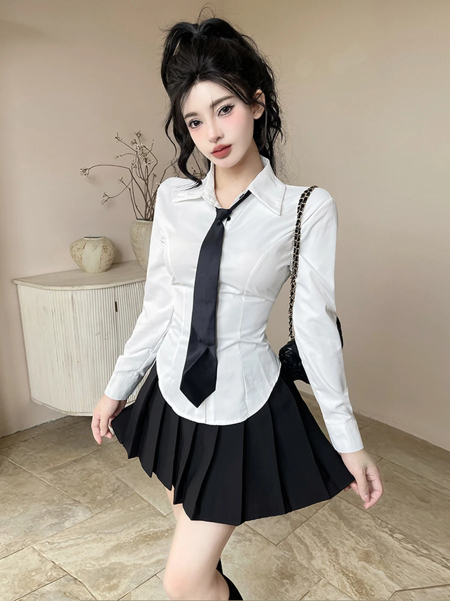 OL Sexy Sister Style  Collar  Color Waist Cinched Long Sleeve Shirt Pleated  Skirt Uniform Two Piece Set Women's...
