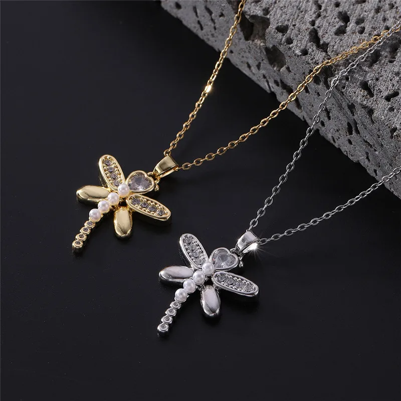 Fashion Dragonfly Butterfly Zircon Pendant Necklace Stainless Steel Geometric Choker Jewelry Party Gifts For Women Girls