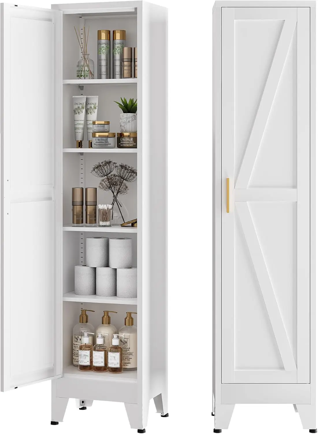 Tall Bathroom Storage Cabinet, Metal Farmhouse Narrow Slim Organizer Cupboard With Adjustable Shelves, Freestanding Barn Door Pantry Rack For Kitchen Living Room, Modern White, Single Piece