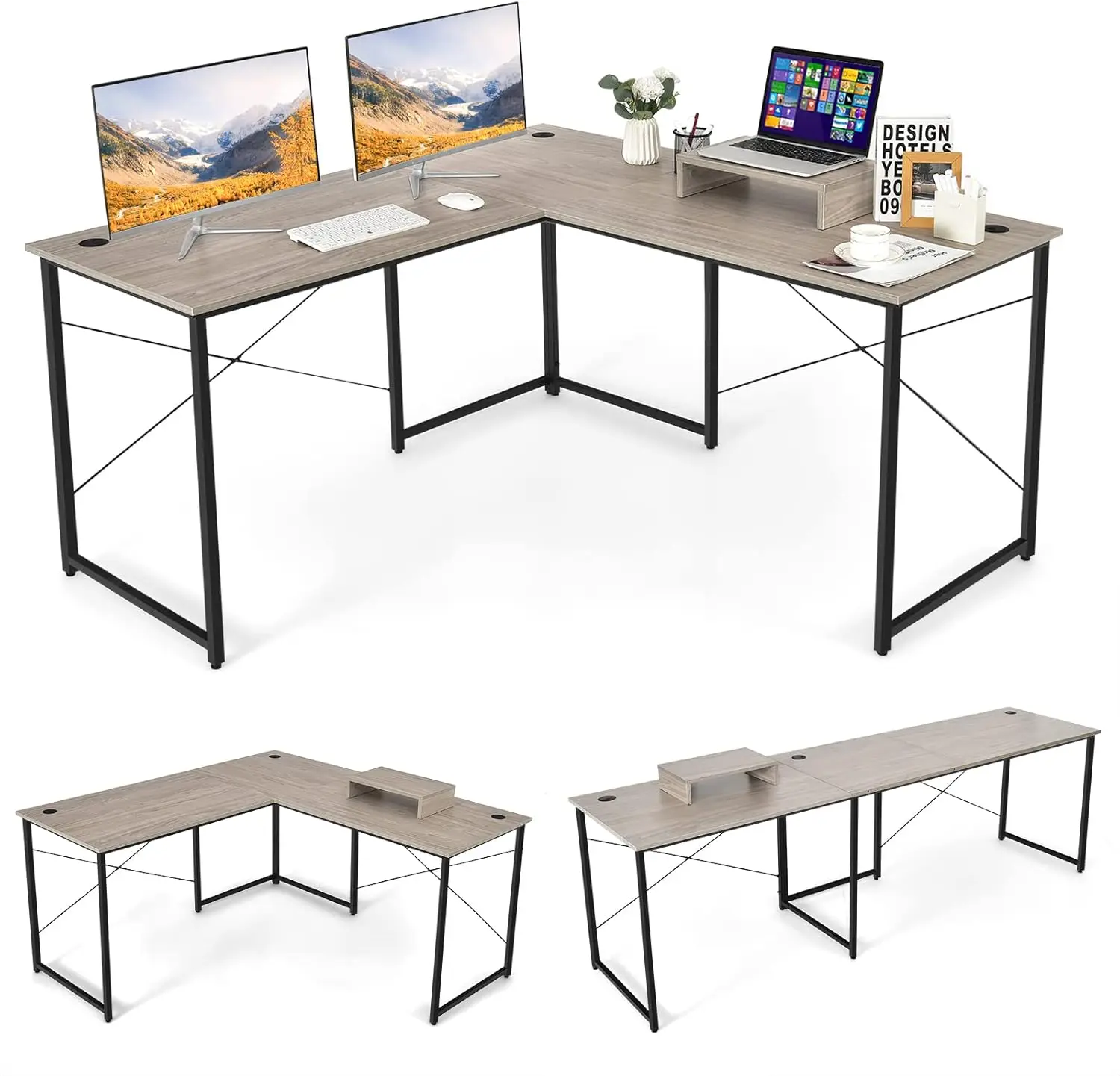 L-Shaped Computer Desk,95 Inch Reversible Corner Desk with Monitor Stand 3 Cable Holes,2-Person Writing Desk,Office Gaming Grey