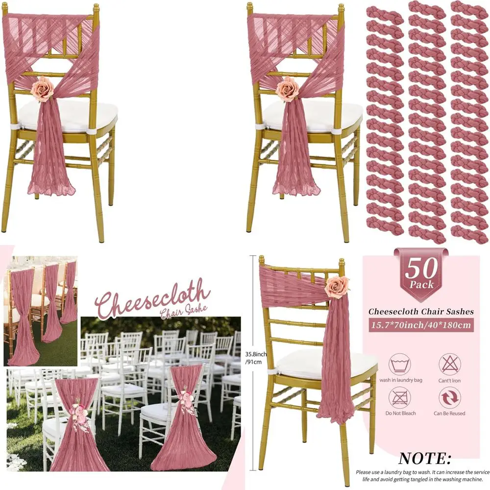 

50 Pack 15.7x70 Inch Dusty Rose Chair Sashes with Bows for Weddings and Banquets