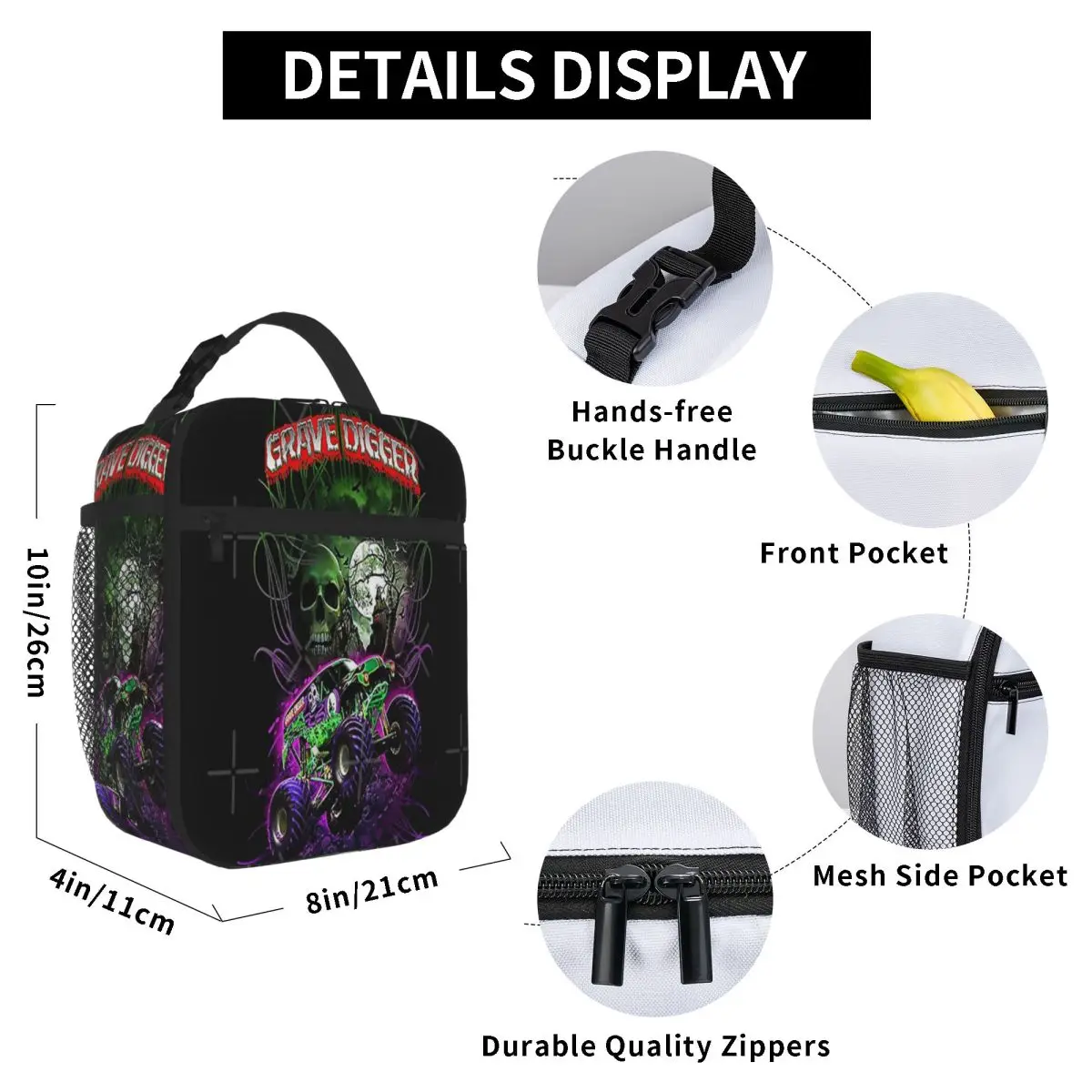 Grave Digger Monster Jam Monster Truck Lunch Tote Lunch Box imballato Lunch Thermal Cooler Bag