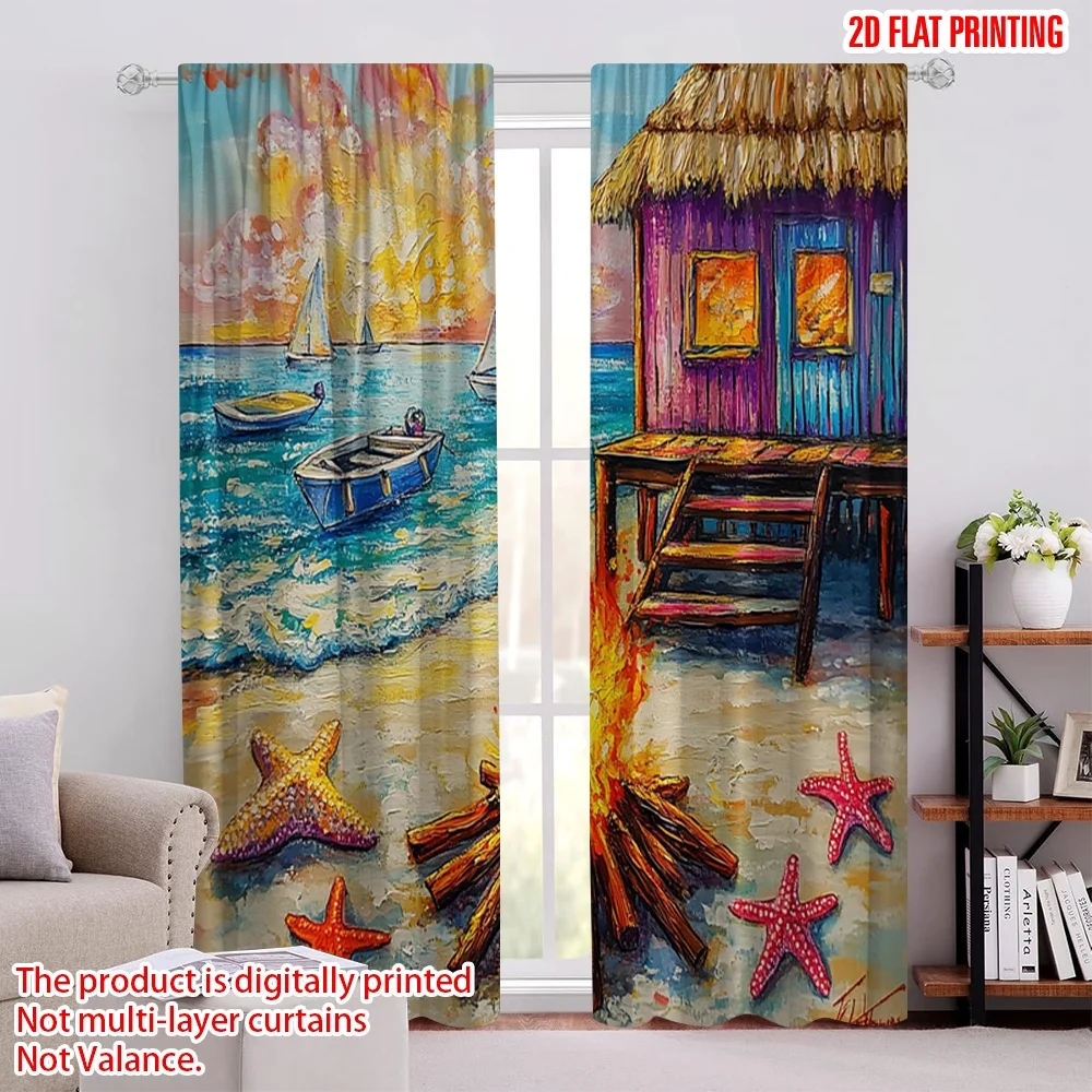 

2pcs 2D flat printing Window Curtains Summer Beach (2) Digital Printed Polyester Drapes Festive Holiday for Festive and Winter