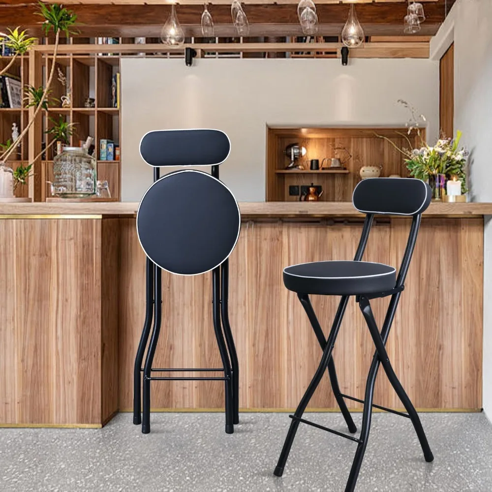 Folding Leather Padded Bar Stool with Backrest, Portable Counter Height Chair for Tall Stools