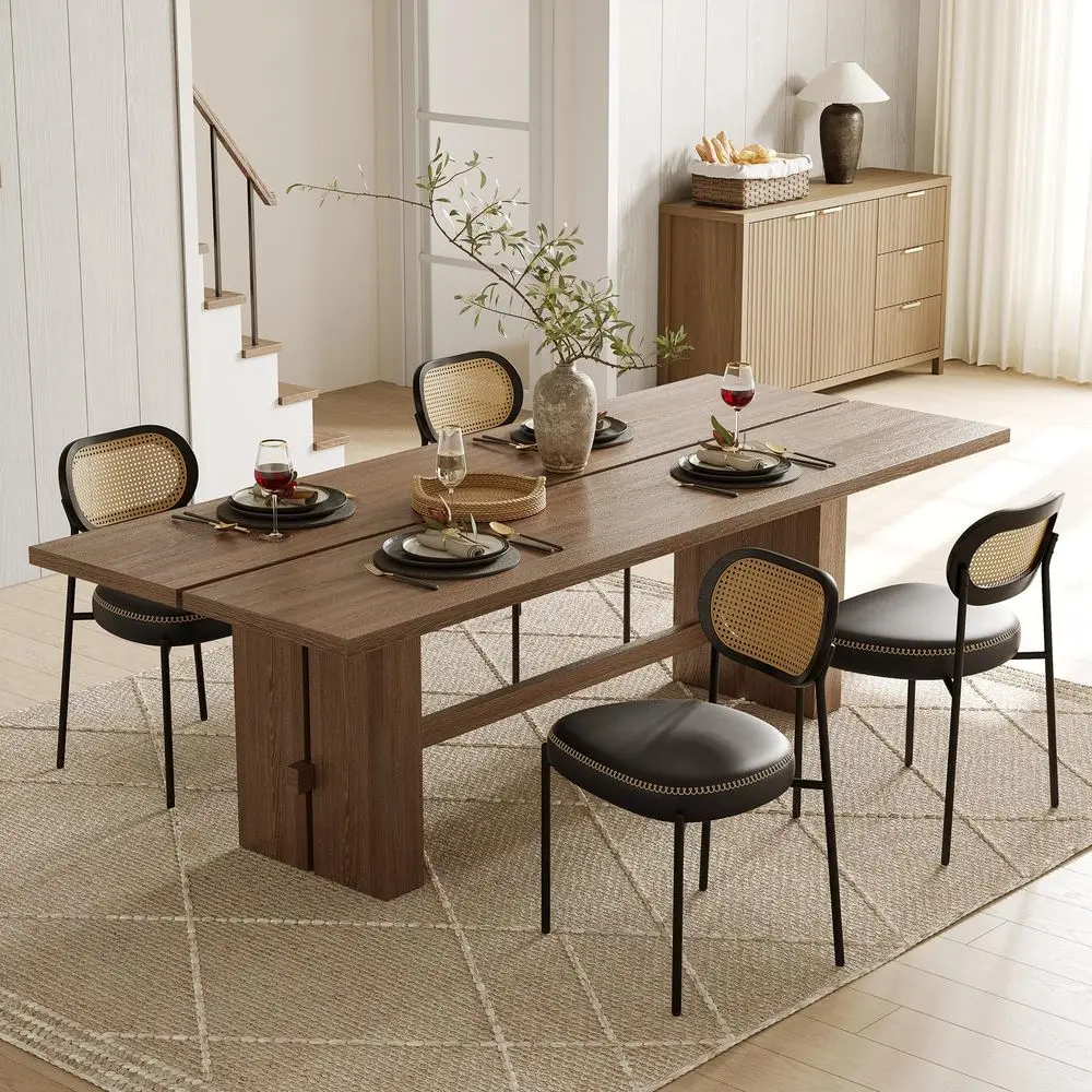 Dining Chairs Set of 4, Leather Upholstered Dining Chairs with Rattan Cane Back, Mid Century Modern Dining Room Chairs with Bla