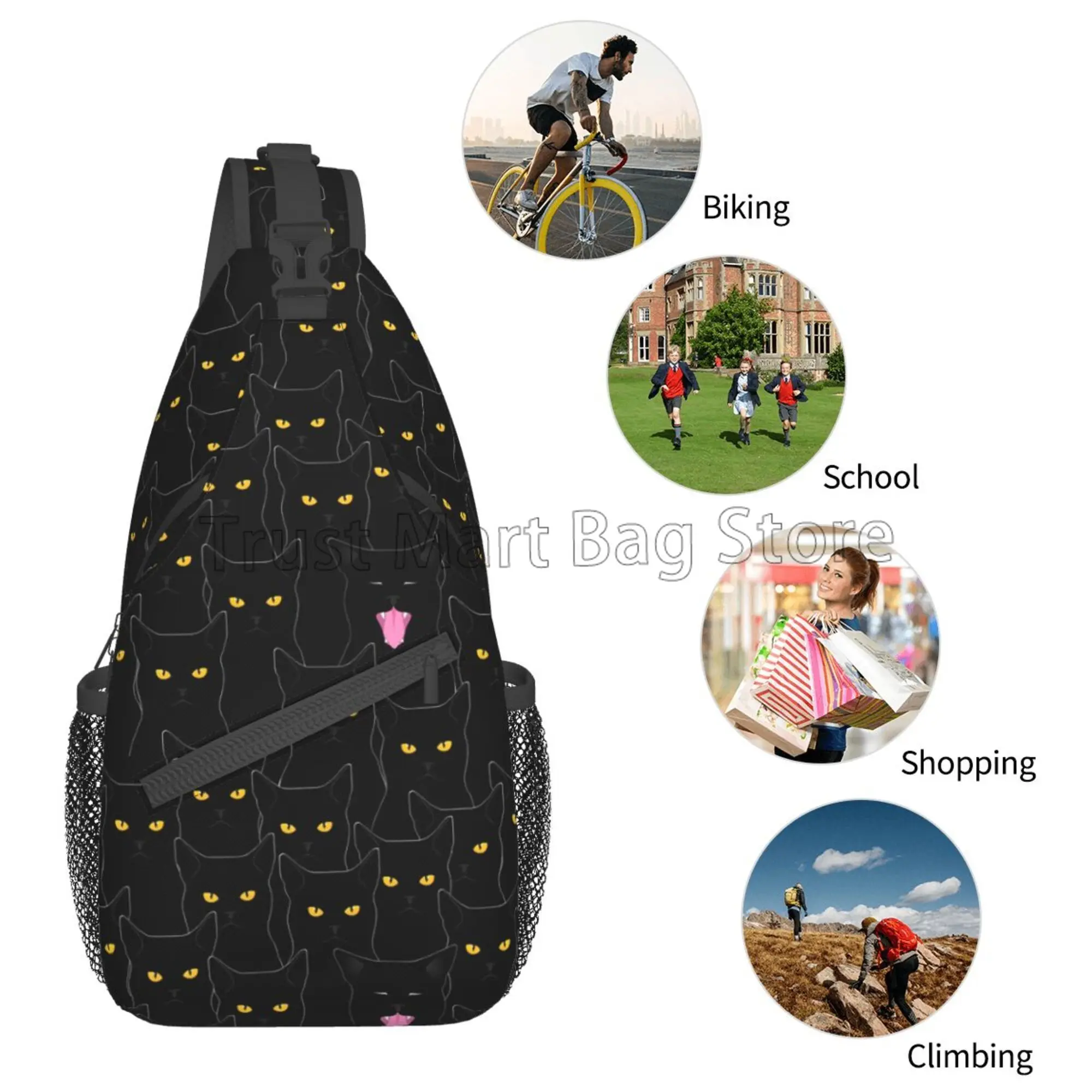 Black Cat Sling Backpack Cute Shoulder Chest Bag Travel Hiking Chest Bag Crossbody Daypack for Women Men Travel Hiking