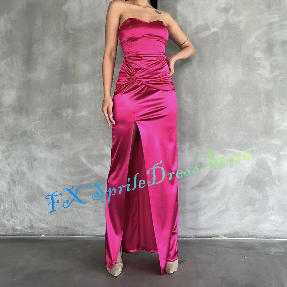 Straight Sleeveless Ankle Length Sweetheart Pink Satin Evening Dress Formal Pleats Saudi Arabia Bespoke Occasion Gowns Women