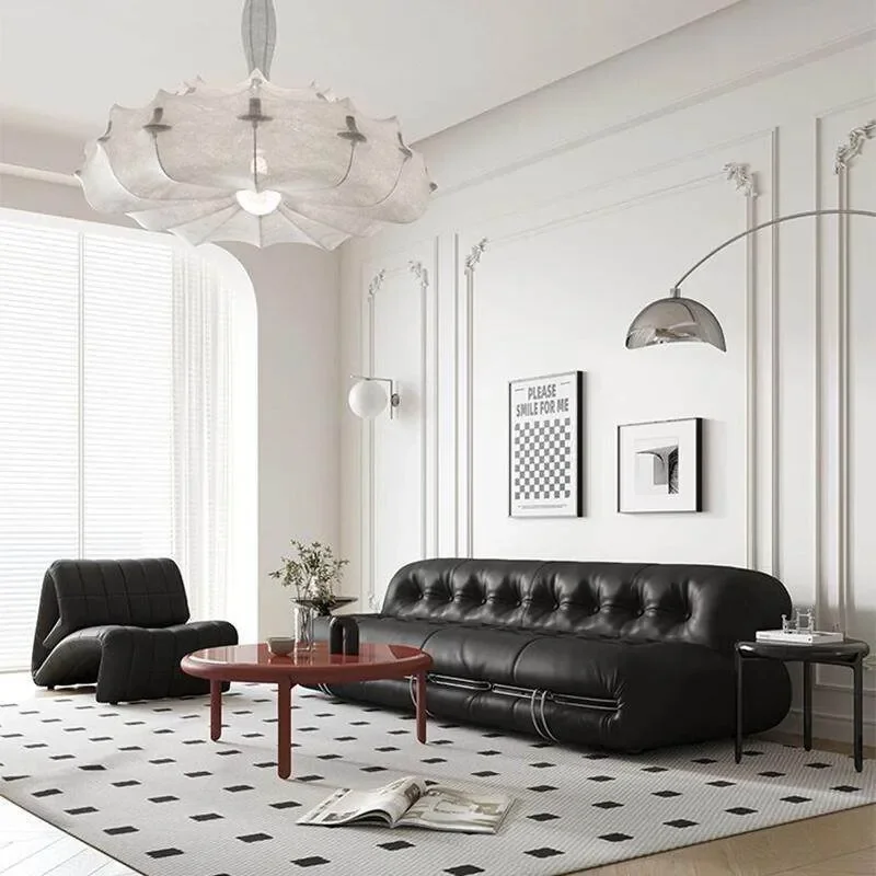 for French Retro Style Black Leather Sofa Large Flat Floor Living Room Italian Light Luxury Pull Button First Layer Cowhide