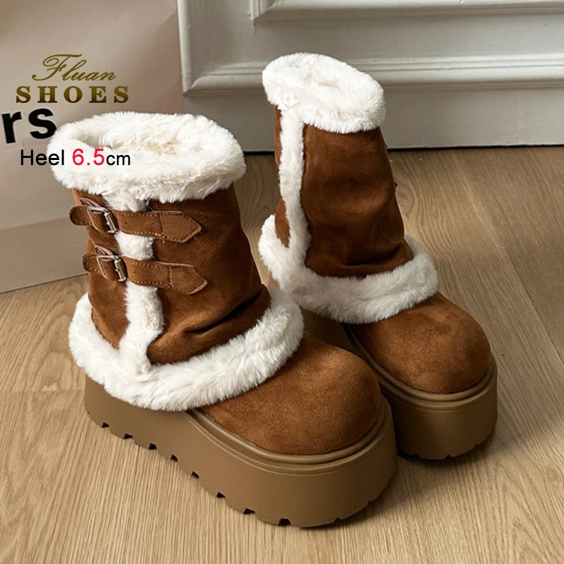 

Winter New Turned-Over Edge Short Boots For Woman 6.5CM Thick Sole Western style Suede Snow Booties Fashion Girls Outdoors Shoes