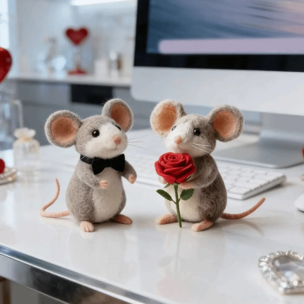 Handmade Felt Valentine's Day Felt Mouse Wool Felt Cute Design Mouse Ornaments Animal Crafts Mini Size Valentines Day Decor