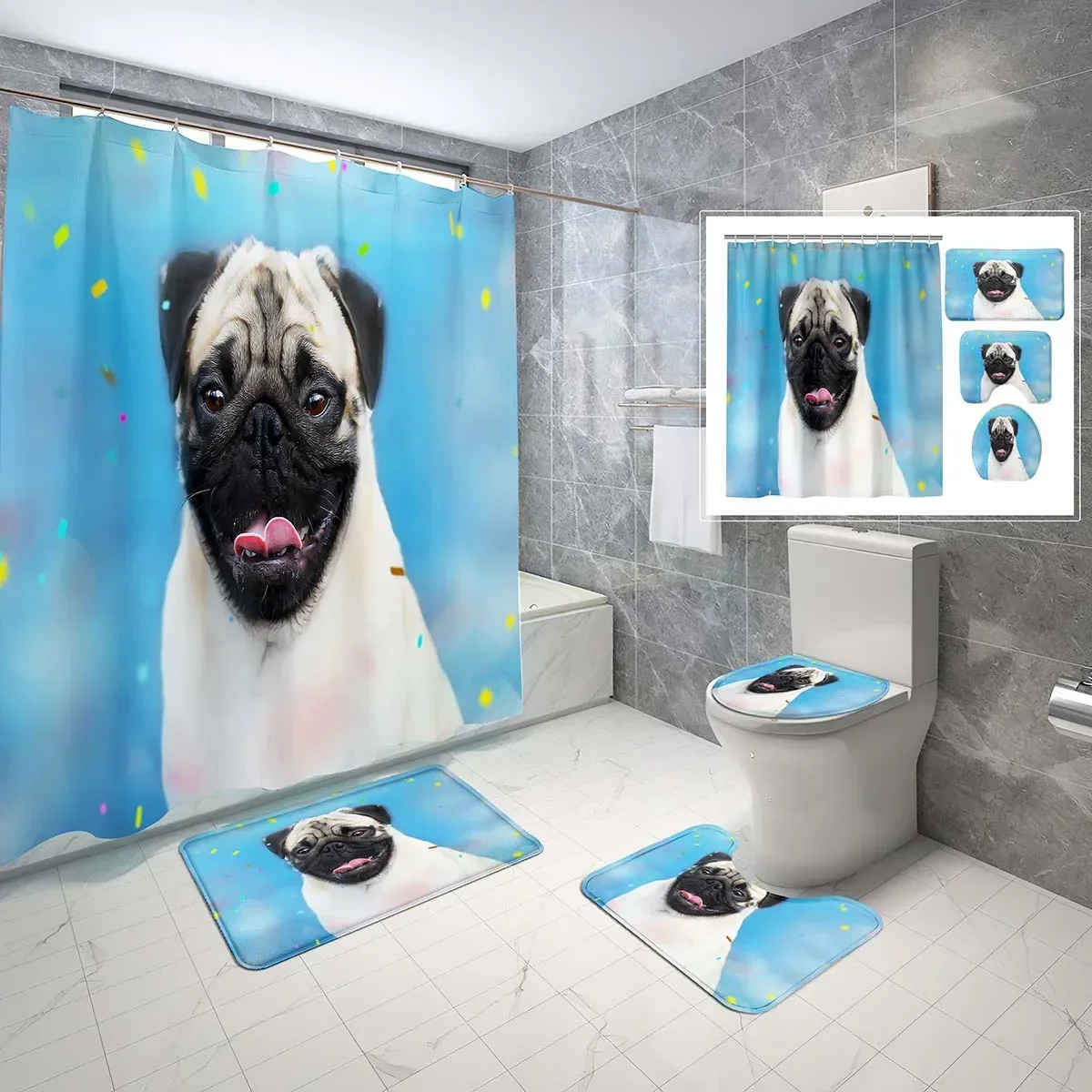 

4 Pcs Funny Pug Dog Shower Curtain Set Creativity Gifts for Pug Lovers Shower Curtain Bathroom Non-Slip Bath Mat Toilet Cover