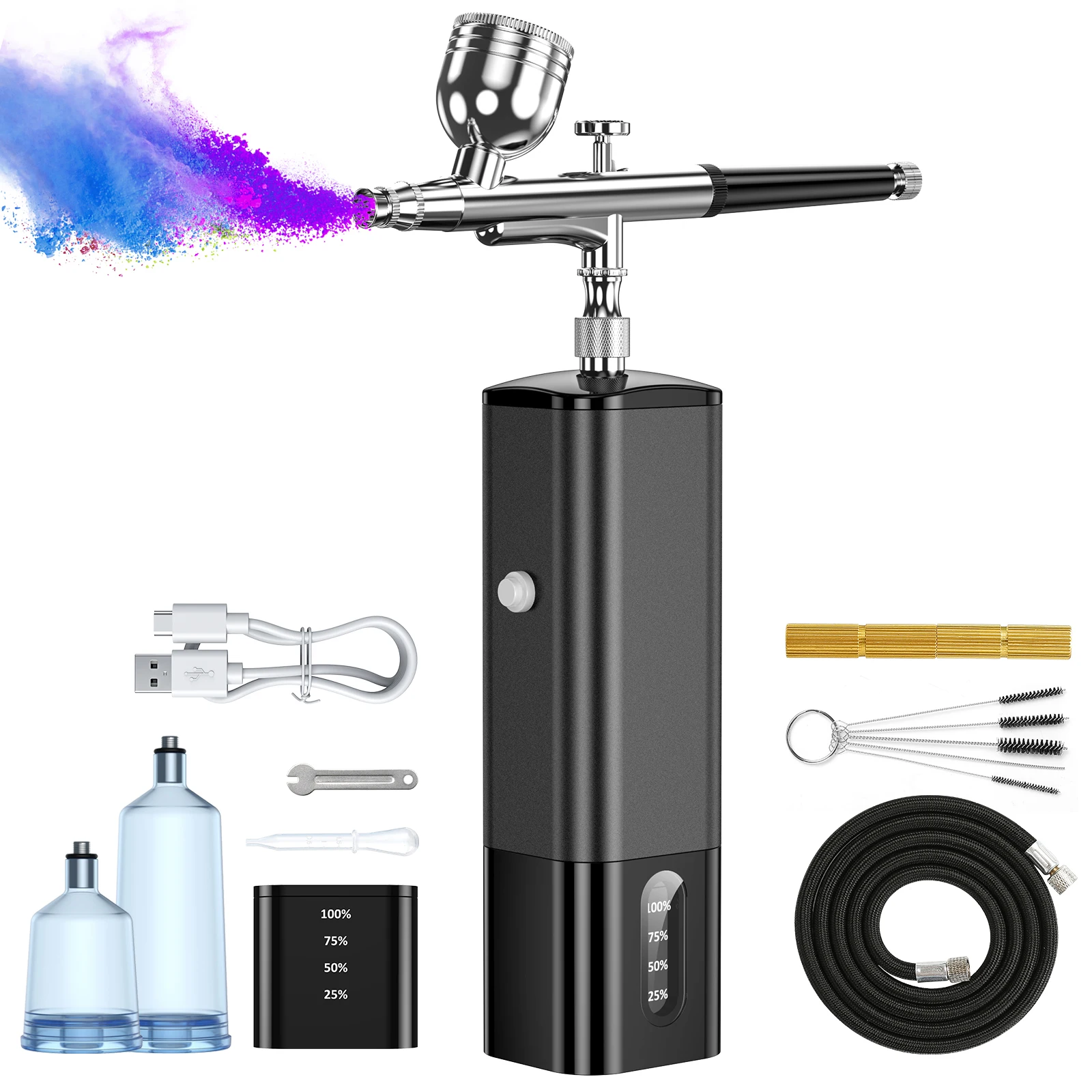 Portable Airbrush Kit Dual-Action Airbrush Spray Gun, Mini USB Rechargeable Air Compressor, 6 CC Cup 0.3mm Needle for Art Hobby