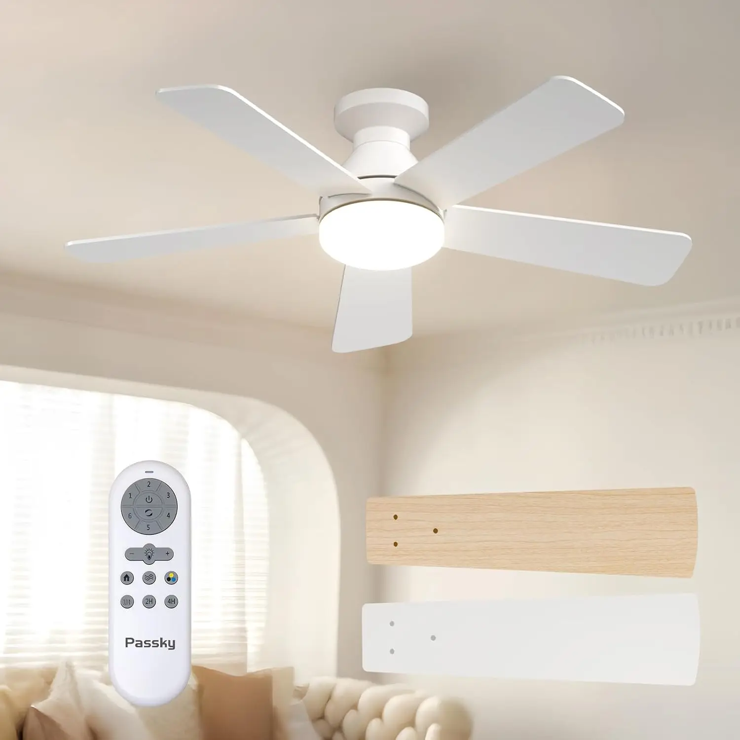 White 42-Inch Low-Profile Ceiling Fan with Light and Remote Control