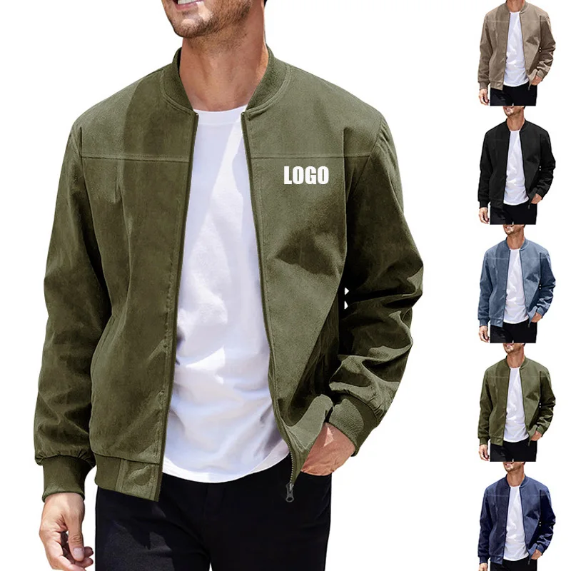 Custom LOGO Men's Autumn Suede Zipper Jacket Casual Retro Long Sleeve Cardigan Jacket