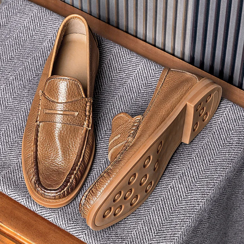 Big Size 38-45 Leisure Men's Lichee Pattern Slip On Soft Leather Boat Shoes Lazy Man Light Weight  Summer Driving Loafers